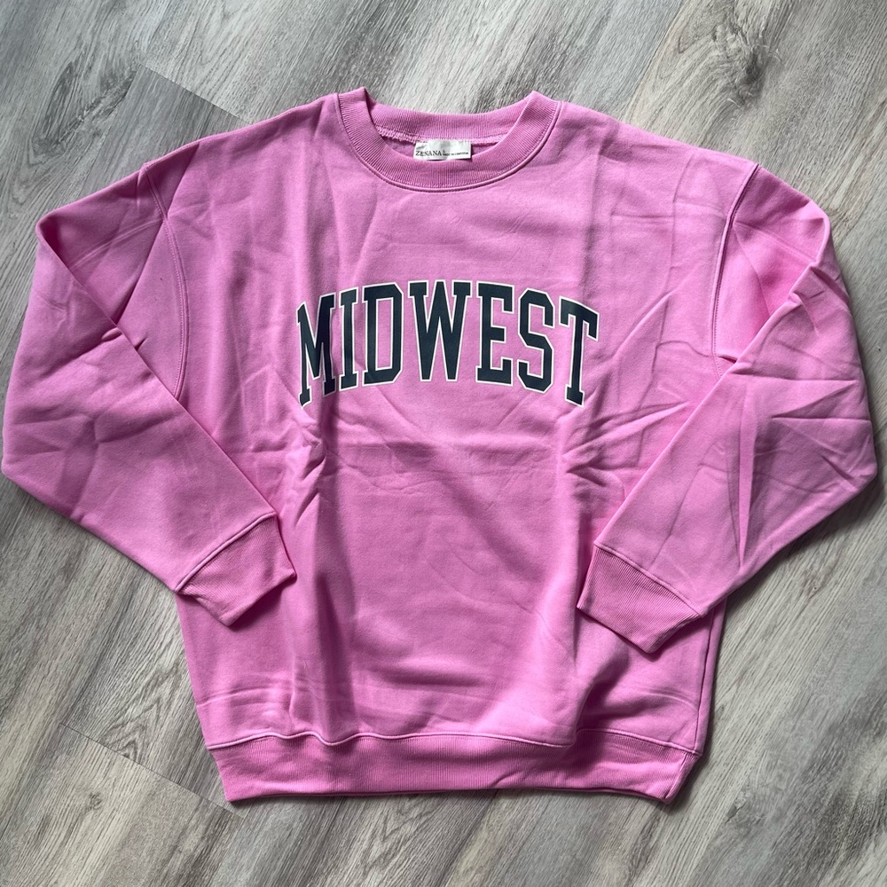 ZENANA Pink “Midwest" Printed Fleece Round Neck Sweatshirts Size Small M & L NWT - Picture 3 of 8